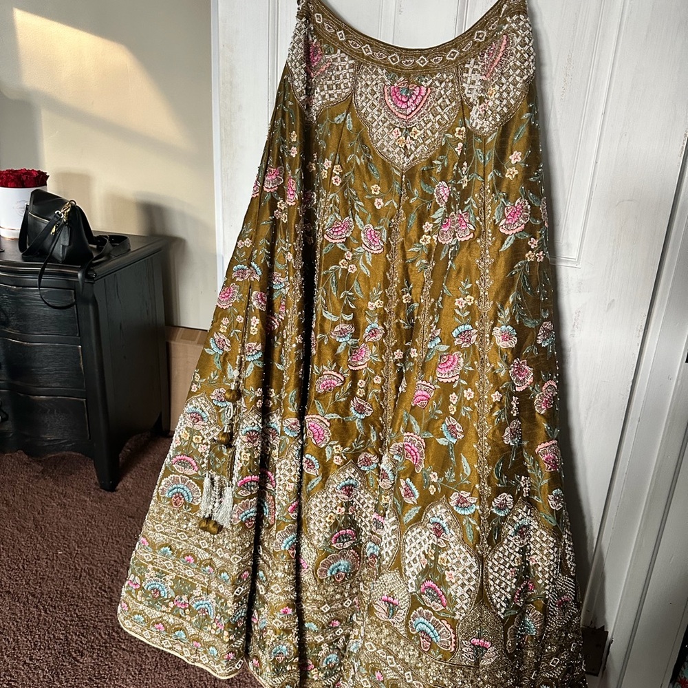 Embroidered Floral mehndi green lehenga - Multicolor
